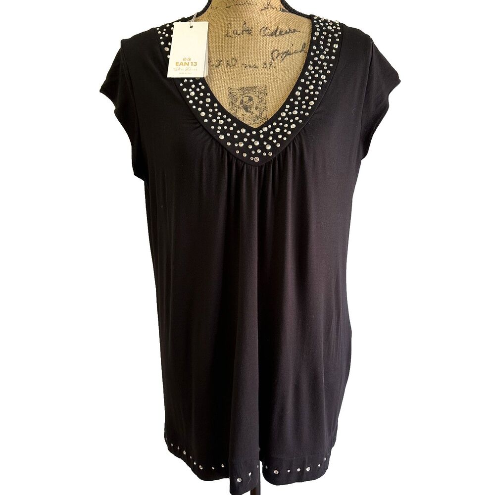 EAN 13 by Elena Renier Black Cap Sleeve Rhinestones V-Neck Long Top T-Shirt SZ M